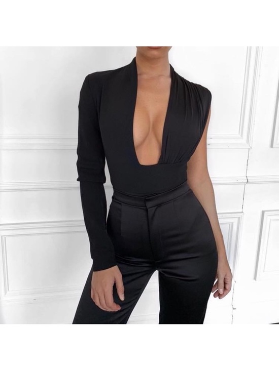 House of CB Tops - House of CB Black Deep V One-Shoulder Bodysuit - Women Tops